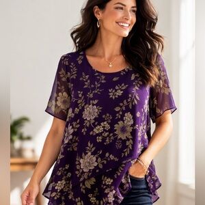 Purple Floral Chiffon Asymmetrical Blouse Top Plus Size 18w Fairycore Romantic
